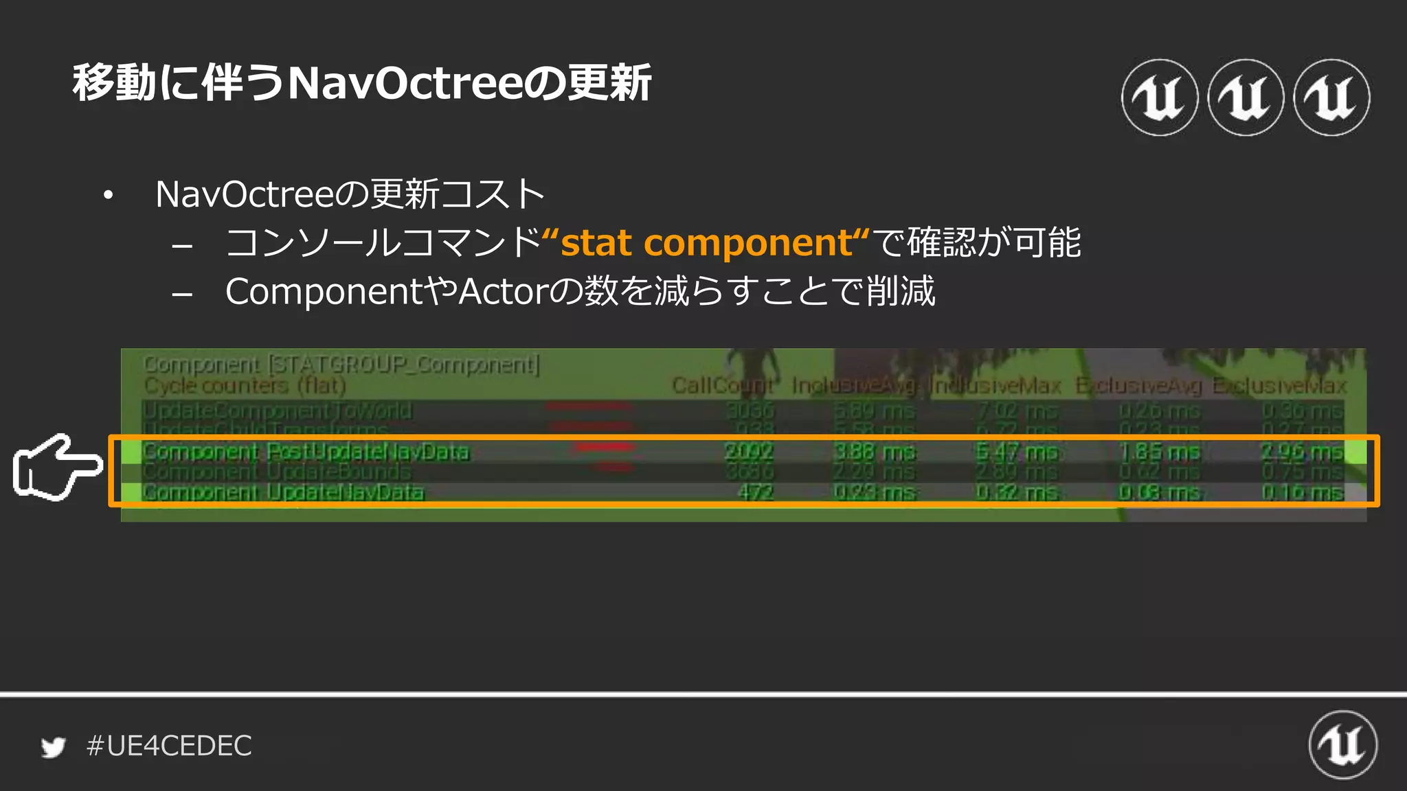 #UE4CEDEC
• NavOctreeの更新コスト
– コンソールコマンド“stat component“で確認が可能
– ComponentやActorの数を減らすことで削減
移動に伴うNavOctreeの更新
 