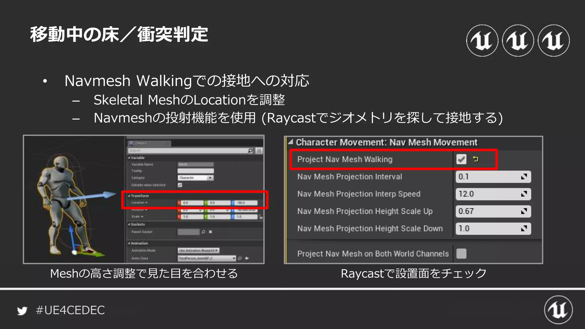 #UE4CEDEC
• Navmesh Walkingでの接地への対応
– Skeletal MeshのLocationを調整
– Navmeshの投射機能を使用 (Raycastでジオメトリを探して接地する)
移動中の床／衝突判定
Meshの高さ調整で見た目を合わせる Raycastで設置面をチェック
 