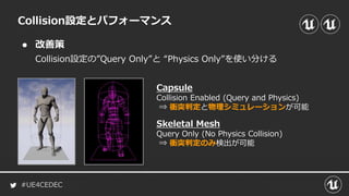 #UE4CEDEC
● 改善策
Collision設定の”Query Only”と “Physics Only”を使い分ける
Collision設定とパフォーマンス
Capsule
Collision Enabled (Query and Physics)
⇒ 衝突判定と物理シミュレーションが可能
Skeletal Mesh
Query Only (No Physics Collision)
⇒ 衝突判定のみ検出が可能
 