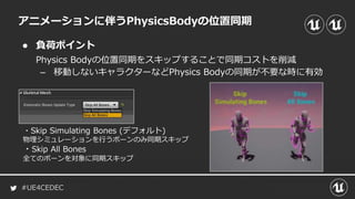 #UE4CEDEC
● 負荷ポイント
Physics Bodyの位置同期をスキップすることで同期コストを削減
– 移動しないキャラクターなどPhysics Bodyの同期が不要な時に有効
アニメーションに伴うPhysicsBodyの位置同期
・Skip Simulating Bones (デフォルト)
物理シミュレーションを行うボーンのみ同期スキップ
・Skip All Bones
全てのボーンを対象に同期スキップ
 