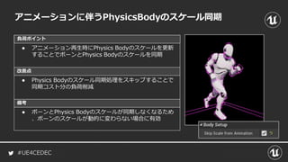 #UE4CEDEC
負荷ポイント
改善点
備考
アニメーションに伴うPhysicsBodyのスケール同期
● アニメーション再生時にPhysics Bodyのスケールを更新
することでボーンとPhysics Bodyのスケールを同期
● Physics Bodyのスケール同期処理をスキップすることで
同期コスト分の負荷削減
● ボーンとPhysics Bodyのスケールが同期しなくなるため
、ボーンのスケールが動的に変わらない場合に有効
 