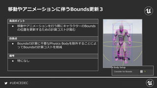 #UE4CEDEC
負荷ポイント
改善点
備考
移動やアニメーションに伴うBounds更新３
● 移動やアニメーションを行う際にキャラクターのBounds
の位置を更新するための計算コストが嵩む
● Boundsの計算に不要なPhysics Bodyを除外することによ
ってBoundsの計算コストを削減
● 特になし
 