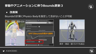 #UE4CEDEC
● 改善策
移動やアニメーションに伴うBounds更新３
Boundsの計算にPhysics Bodyを指定して含まないことが可能
両手・両足・頭 だけでも成立
OFFでBounds計算から除外
 