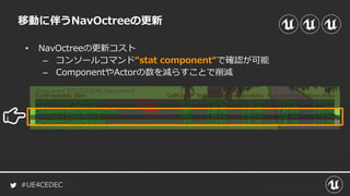 #UE4CEDEC
• NavOctreeの更新コスト
– コンソールコマンド“stat component“で確認が可能
– ComponentやActorの数を減らすことで削減
移動に伴うNavOctreeの更新
 