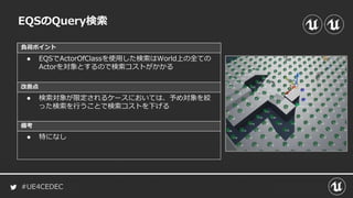 #UE4CEDEC
負荷ポイント
改善点
備考
EQSのQuery検索
● EQSでActorOfClassを使用した検索はWorld上の全ての
Actorを対象とするので検索コストがかかる
● 検索対象が限定されるケースにおいては、予め対象を絞
った検索を行うことで検索コストを下げる
● 特になし
 