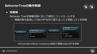 #UE4CEDEC
● 改善策
Behavior Treeを稼働状態に応じて適切にコントロールする
– 稼働状態を監視してON/OFFを切り替えることで常駐コストを抑制
BehaviorTreeの動作制御
AIControllerのBrain Component経由で稼働のON/OFFを制御
 
