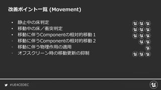 #UE4CEDEC
改善ポイント一覧 (Movement)
• 静止中の床判定
• 移動中の床／衝突判定
• 移動に伴うComponentの相対的移動１
• 移動に伴うComponentの相対的移動２
• 移動に伴う物理作用の適用
• オフスクリーン時の移動更新の抑制
 