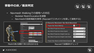 #UE4CEDEC
• Navmesh Walkingでの接地への対応
– Skeletal MeshのLocationを調整
– Navmeshの投射機能を使用 (Raycastでジオメトリを探して接地する)
移動中の床／衝突判定
Meshの高さ調整で見た目を合わせる Raycastで設置面をチェック
 