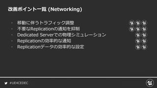 #UE4CEDEC
改善ポイント一覧 (Networking)
• 移動に伴うトラフィック調整
• 不要なReplicationの通知を抑制
• Dedicated Serverでの物理シミュレーション
• Replicationの効率的な通知
• Replicationデータの効率的な設定
 