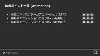 #UE4CEDEC
改善ポイント一覧 (Animation)
• 多数のキャラクターがアニメーションを行う
• 移動やアニメーションに伴うBounds更新１
• 移動やアニメーションに伴うBounds更新２
 
