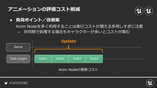 #UE4CEDEC
● 負荷ポイント／改善策
Anim Nodeを多く利用することは実行コストが増える多用しすぎに注意
– 非同期で処理する場合もキャラクターが多いとコストが嵩む
アニメーションの評価コスト削減
Game
Task Graph Node1 Node2 Node3
Anim Nodeの更新コスト
Node4
Update
 