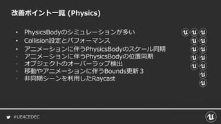 #UE4CEDEC
改善ポイント一覧 (Physics)
• PhysicsBodyのシミュレーションが多い
• Collision設定とパフォーマンス
• アニメーションに伴うPhysicsBodyのスケール同期
• アニメーションに伴うPhysicsBodyの位置同期
• オブジェクトのオーバーラップ検出
• 移動やアニメーションに伴うBounds更新３
• 非同期シーンを利用したRaycast
 