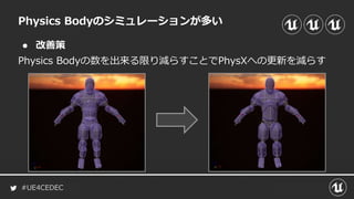 #UE4CEDEC
● 改善策
Physics Bodyのシミュレーションが多い
Physics Bodyの数を出来る限り減らすことでPhysXへの更新を減らす
 