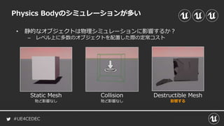 #UE4CEDEC
• 静的なオブジェクトは物理シミュレーションに影響するか？
– レベル上に多数のオブジェクトを配置した際の定常コスト
Physics Bodyのシミュレーションが多い
Static Mesh
殆ど影響なし
Collision
殆ど影響なし
Destructible Mesh
影響する
 