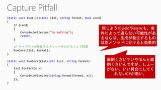 static void Run(List<int> list, string format, bool cond)
{
if (cond)
{
Console.WriteLine("Do Nothing");
return;
}
// キャプチャが存在するメソッドを分けることで回避
RunCore(list, format);
}
static void RunCore(List<int> list, string format)
{
list.ForEach(x =>
{
Console.WriteLine(string.Format(format, x));
});
}
 
