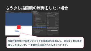 もう少し描画順の制御をしたい場合
地面の部分は3つのオブジェクトを描画後に描画して、塗るピクセル数を
減らしてほしいが、一番最初に描画されてしまっています。
 