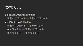 つまり&hellip;
■事前に焼いたShadowを利用
背景オブジェクト &rarr; 背景オブジェクト
■リアルタイムのShadow
背景オブジェクト &rarr; キャラクター
キャラクター &rarr; 背景オブジェクト
キャラクター &rarr; キャラクター
 