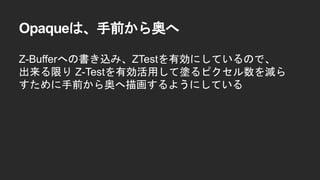 Opaqueは、手前から奥へ
Z-Bufferへの書き込み、ZTestを有効にしているので、
出来る限り Z-Testを有効活用して塗るピクセル数を減ら
すために手前から奥へ描画するようにしている
 