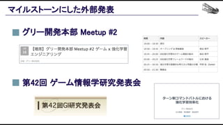 マイルストーンにした外部発表 
第42回 ゲーム情報学研究発表会 
グリー開発本部 Meetup #2 
 
