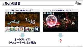 バトルの設計 
通常バトル（低難易度コンテンツ）  ボスバトル（高難易度コンテンツ）
? オートプレイの 
シミュレーターにより解決 
© 大森藤ノ・SBクリエイティブ/ダンまち2製作委員会  
 