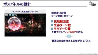 ボスバトルの設計 
難易度：6段階 
ターン制限：15ターン 
 
 
ボスバトル（高難易度コンテンツ）
　挑戦難易度 
　生存ターン数 
　与ダメージ量　 
を最大化してハイスコアを取る 
 
 
最適な行動を考える必要があるバトル 
© 大森藤ノ・SBクリエイティブ/ダンまち2製作委員会  
 