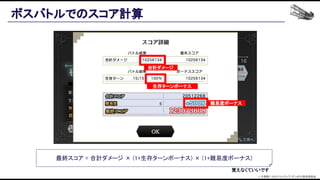 ボスバトルでのスコア計算 
合計ダメージ 
生存ターンボーナス  
難易度ボーナス 
aaaa 最終スコア = 合計ダメージ × (1+生存ターンボーナス) × (1+難易度ボーナス) 
覚えなくていいです 
© 大森藤ノ・SBクリエイティブ/ダンまち2製作委員会  
 