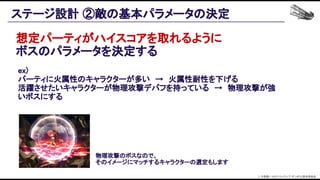 ステージ設計 ②敵の基本パラメータの決定 
想定パーティがハイスコアを取れるように 
ボスのパラメータを決定する 
 
  ex) 
パーティに火属性のキャラクターが多い　→　火属性耐性を下げる 
活躍させたいキャラクターが物理攻撃デバフを持っている　→　物理攻撃が強
いボスにする 
 
 
 
物理攻撃のボスなので、 
そのイメージにマッチするキャラクターの選定もします
© 大森藤ノ・SBクリエイティブ/ダンまち2製作委員会  
 