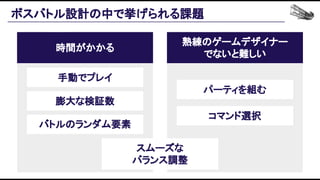 ボスバトル設計の中で挙げられる課題 
手動でプレイ 
時間がかかる 
熟練のゲームデザイナー 
でないと難しい 
膨大な検証数 
バトルのランダム要素 
パーティを組む 
コマンド選択 
スムーズな 
バランス調整 
 