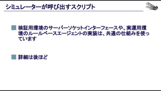 シミュレーターが呼び出すスクリプト 
検証用環境のサーバーソケットインターフェースや、実運用環
境のルールベースエージェントの実装は、共通の仕組みを使っ
ています 
詳細は後ほど 
 