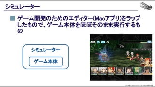シミュレーター 
ゲーム開発のためのエディター(Macアプリ)をラップ
したもので、ゲーム本体をほぼそのまま実行するも
の 
 
シミュレーター
ゲーム本体
© 大森藤ノ・SBクリエイティブ/ダンまち2製作委員会  
 