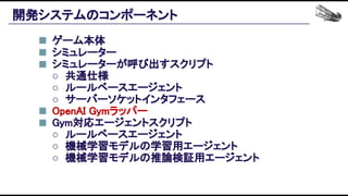 開発システムのコンポーネント 
● ゲーム本体 
● シミュレーター 
● シミュレーターが呼び出すスクリプト 
○ 共通仕様 
○ ルールベースエージェント 
○ サーバーソケットインタフェース 
● OpenAI Gymラッパー 
● Gym対応エージェントスクリプト 
○ ルールベースエージェント 
○ 機械学習モデルの学習用エージェント 
○ 機械学習モデルの推論検証用エージェント 
 
 