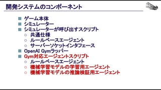 開発システムのコンポーネント 
● ゲーム本体 
● シミュレーター 
● シミュレーターが呼び出すスクリプト 
○ 共通仕様 
○ ルールベースエージェント 
○ サーバーソケットインタフェース 
● OpenAI Gymラッパー 
● Gym対応エージェントスクリプト 
○ ルールベースエージェント 
○ 機械学習モデルの学習用エージェント 
○ 機械学習モデルの推論検証用エージェント 
 
 
