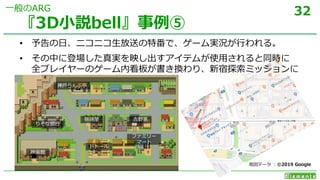 32
劇場
金貸し
食堂
食堂魔道具屋
よろず屋
カフェ
• 予告の日、ニコニコ生放送の特番で、ゲーム実況が行われる。
• その中に登場した真実を映し出すアイテムが使用されると同時に
全プレイヤーのゲーム内看板が書き換わり、新宿探索ミッションに
『3D小説bell』事例⑤
一般のARG
映画館
りそな銀行
神戸らんぷ亭
吉野家眼鏡屋
ファミリー
マート
ドトール
地図データ ：©2019 Google
 