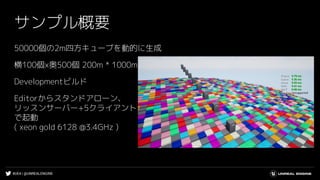 #UE4 | @UNREALENGINE
サンプル概要
50000個の2m四方キューブを動的に生成
横100個x奥500個 200m * 1000m
Developmentビルド
Editorからスタンドアローン、
リッスンサーバー+5クライアント
で起動
( xeon gold 6128 @3.4GHz )
 
