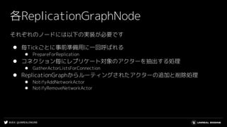 #UE4 | @UNREALENGINE
各ReplicationGraphNode
それぞれのノードには以下の実装が必要です
⚫ 毎Tickごとに事前準備用に一回呼ばれる
⚫ PrepareForReplication
⚫ コネクション毎にレプリケート対象のアクターを抽出する処理
⚫ GatherActorListsForConnection
⚫ ReplicationGraphからルーティングされたアクターの追加と削除処理
⚫ NotifyAddNetworkActor
⚫ NotifyRemoveNetworkActor
 