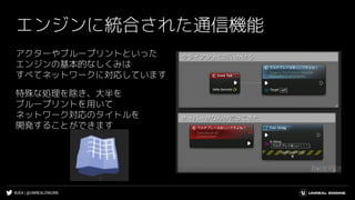 #UE4 | @UNREALENGINE
エンジンに統合された通信機能
アクターやブループリントといった
エンジンの基本的なしくみは
すべてネットワークに対応しています
特殊な処理を除き、大半を
ブループリントを用いて
ネットワーク対応のタイトルを
開発することができます
 
