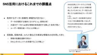 Copyright (C) 2020 DeNA Co.,Ltd. All Rights Reserved.
SNS活用におけるこれまでの課題点 
● 取得するデータに客観性・網羅性が足りない 
○ データの理解が主観的になりがち（e.g. 感情分析） 
○ 大量のデータから必要な情報を取捨選択する難しさ・効率が悪い 
○ ユーザー理解を統一することが難しい 
 
● 投稿数、投稿内容、コメント数などの単純な情報のみを利用してきた 
○ 情報の伝播を追跡できない 
○ SNS上のコミュニティを把握することが難しい 
10
 
SNSを活用したマーケティングの質
を上げ、お客様へよりよい体験を提
供していくためには、データをフル活
用していく必要があるフェーズに来て
いる。 
しかし、SNSデータの取得や分析が
十分にできる環境が整っておらず、
PDCAの水準を全体的に高める環境
がまだできていない。 
 
ソーシャルメディアブランディンググループ 
マネージャー 鶴川さん 
 