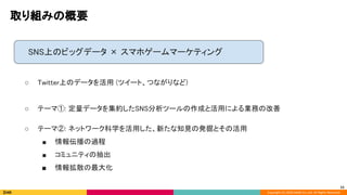 Copyright (C) 2020 DeNA Co.,Ltd. All Rights Reserved.
取り組みの概要 
SNS上のビッグデータ × スマホゲームマーケティング 
 
○ Twitter上のデータを活用 (ツイート、つながりなど) 
 
○ テーマ①: 定量データを集約したSNS分析ツールの作成と活用による業務の改善 
 
○ テーマ②: ネットワーク科学を活用した、新たな知見の発掘とその活用 
■ 情報伝播の過程 
■ コミュニティの抽出 
■ 情報拡散の最大化 
11
 