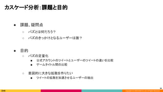 Copyright (C) 2020 DeNA Co.,Ltd. All Rights Reserved.
カスケード分析：課題と目的 
 
● 課題、疑問点 
○ バズとは何だろう？ 
○ バズのきっかけとなるユーザーは誰？ 
 
● 目的 
○ バズの定量化 
■ 公式アカウントのツイートとユーザーのツイートの違いを比較 
■ ゲームタイトル間の比較 
 
○ 意図的に大きな拡散を作りたい 
■ ツイートの拡散を加速させるユーザーの抽出  
24
 