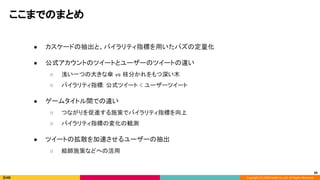 Copyright (C) 2020 DeNA Co.,Ltd. All Rights Reserved.
ここまでのまとめ 
39
 
● カスケードの抽出と、バイラリティ指標を用いたバズの定量化 
 
● 公式アカウントのツイートとユーザーのツイートの違い 
○ 浅い一つの大きな傘 vs 枝分かれをもつ深い木 
○ バイラリティ指標: 公式ツイート < ユーザーツイート 
 
● ゲームタイトル間での違い 
○ つながりを促進する施策でバイラリティ指標を向上 
○ バイラリティ指標の変化の観測 
 
● ツイートの拡散を加速させるユーザーの抽出  
○ 絵師施策などへの活用 
 