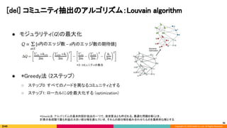 Copyright (C) 2020 DeNA Co.,Ltd. All Rights Reserved.
[del] コミュニティ抽出のアルゴリズム：Louvain algorithm  
46
● モジュラリティ(Q)の最大化 
 
 
 
● *Greedy法 (2ステップ) 
○ ステップ0: すべてのノードを異なるコミュニティとする 
○ ステップ1: ローカルにQを最大化する (optimization) 
 
*Greedy法: アルゴリズムの基本的設計技法の一つで、貪欲算法とも呼ばれる。最適化問題を解くとき、 
計算の各段階で最も利益の大きい部分解を選んでいき、それらの部分解を組み合わせたものを最終的な解とする  
 
*S: コミュニティの集合 
 
 