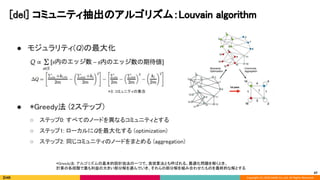 Copyright (C) 2020 DeNA Co.,Ltd. All Rights Reserved.
[del] コミュニティ抽出のアルゴリズム：Louvain algorithm  
47
● モジュラリティ(Q)の最大化 
 
 
 
● *Greedy法 (2ステップ) 
○ ステップ0: すべてのノードを異なるコミュニティとする 
○ ステップ1: ローカルにQを最大化する (optimization) 
○ ステップ2: 同じコミュニティのノードをまとめる (aggregation) 
 
 
*Greedy法: アルゴリズムの基本的設計技法の一つで、貪欲算法とも呼ばれる。最適化問題を解くとき、 
計算の各段階で最も利益の大きい部分解を選んでいき、それらの部分解を組み合わせたものを最終的な解とする  
 
*S: コミュニティの集合 
 
 