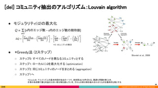 Copyright (C) 2020 DeNA Co.,Ltd. All Rights Reserved.
[del] コミュニティ抽出のアルゴリズム：Louvain algorithm  
48
● モジュラリティ(Q)の最大化 
 
 
 
● *Greedy法 (2ステップ) 
○ ステップ0: すべてのノードを異なるコミュニティとする 
○ ステップ1: ローカルにQを最大化する (optimization) 
○ ステップ2: 同じコミュニティのノードをまとめる (aggregation) 
○ ステップ1へ 
 
Blondel et al., 2008 
*Greedy法: アルゴリズムの基本的設計技法の一つで、貪欲算法とも呼ばれる。最適化問題を解くとき、 
計算の各段階で最も利益の大きい部分解を選んでいき、それらの部分解を組み合わせたものを最終的な解とする  
 
*S: コミュニティの集合 
 
 