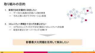 Copyright (C) 2020 DeNA Co.,Ltd. All Rights Reserved.
取り組みの目的 
1. 配信方法を定量的に決定したい 
→ データから拡散力の高い人物を発見 
→ その人物に向けてプロモーション配信 
 
2. コミュニティへ情報を十分に行き渡らせたい 
→ コアなコミュニティだけではなく幅広いコミュニティへの伝播 
→ 配信の重なり（オーバーラップ）を無くす 
影響最大化問題を活用して解決したい
77
 