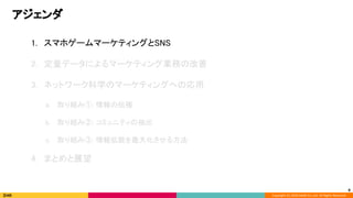 Copyright (C) 2020 DeNA Co.,Ltd. All Rights Reserved.
アジェンダ 
1. スマホゲームマーケティングとSNS 
 
2. 定量データによるマーケティング業務の改善 
 
3. ネットワーク科学のマーケティングへの応用 
 
a. 取り組み①: 情報の伝播 
 
b. 取り組み②: コミュニティの抽出 
 
c. 取り組み③: 情報拡散を最大化させる方法 
 
4. まとめと展望 
8
 