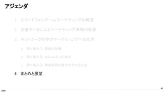 アジェンダ 
82
1. スマートフォンゲームマーケティングの概要 
 
2. 定量データによるマーケティング業務の改善 
 
3. ネットワーク科学のマーケティングへの応用 
 
a. 取り組み①: 情報の伝播 
 
b. 取り組み②: コミュニティの抽出 
 
c. 取り組み③: 情報拡散を最大化させる方法 
 
4. まとめと展望 
 