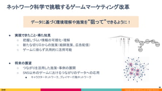 Copyright (C) 2020 DeNA Co.,Ltd. All Rights Reserved.
ネットワーク科学で挑戦するゲームマーケティング改革 
● 実現できたこと・得た知見 
○ 把握しづらい情報の可視化・理解 
○ 新たな切り口からの施策（絵師施策、広告配信） 
○ ゲームに依らず汎用的に活用可能 
 
● 将来の展望 
○ つながりを活用した施策・事例の展開 
○ SNS以外のゲームにおけるつながりのデータへの応用 
■ キャラクターネットワーク、プレイヤー行動ネットワーク 
88
データに基づく環境理解や施策を“狙って”できるように！ 
 