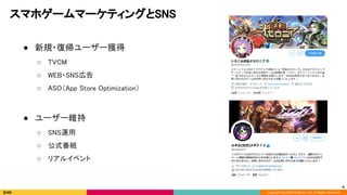 Copyright (C) 2020 DeNA Co.,Ltd. All Rights Reserved.
スマホゲームマーケティングとSNS 
● 新規・復帰ユーザー獲得 
○ TVCM 
○ WEB・SNS広告 
○ ASO（App Store Optimization） 
 
● ユーザー維持 
○ SNS運用 
○ 公式番組 
○ リアルイベント  
9
 