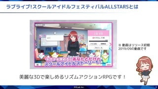 3
ラブライブ!スクールアイドルフェスティバルALLSTARSとは
美麗な3Dで楽しめるリズムアクションRPGです！
※ 動画はリリース初期
2019/09の動画です
 