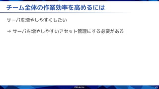 45
チーム全体の作業効率を高めるには
サーバを増やしやすくしたい
→ サーバを増やしやすいアセット管理にする必要がある
 